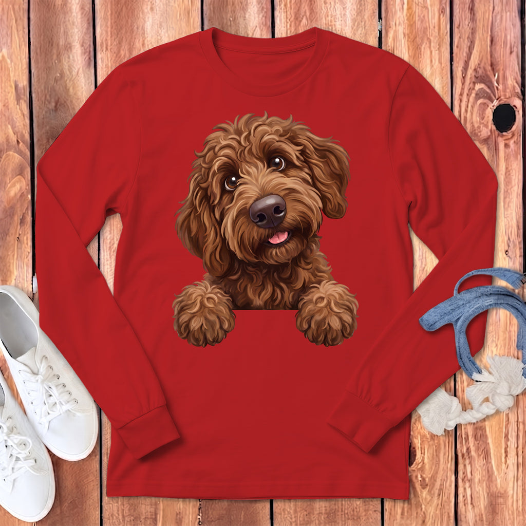 Red long-sleeve shirt with a brown doodle dog illustration peeking over the collar.