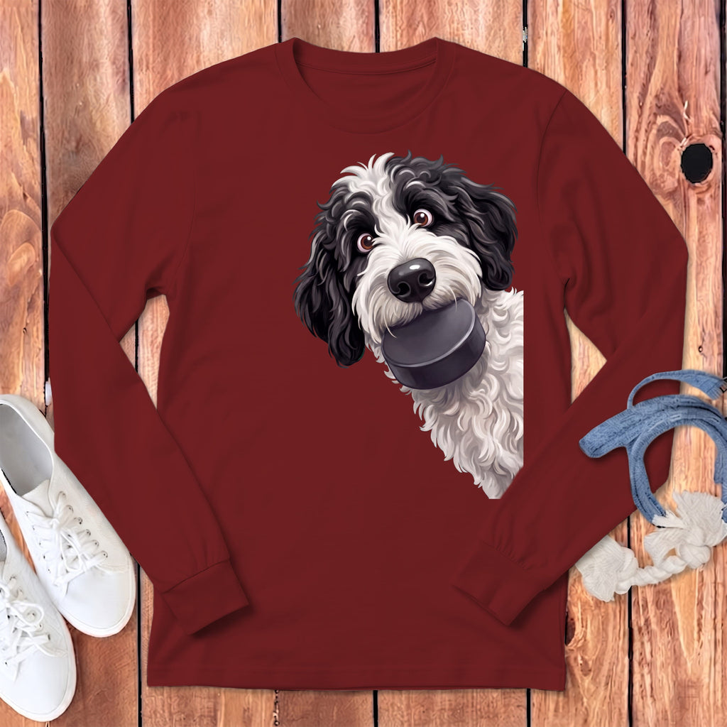 Sheepadoodle Hockey Puck Long Sleeve T-Shirt in Cardinal / S by Puppy Jo