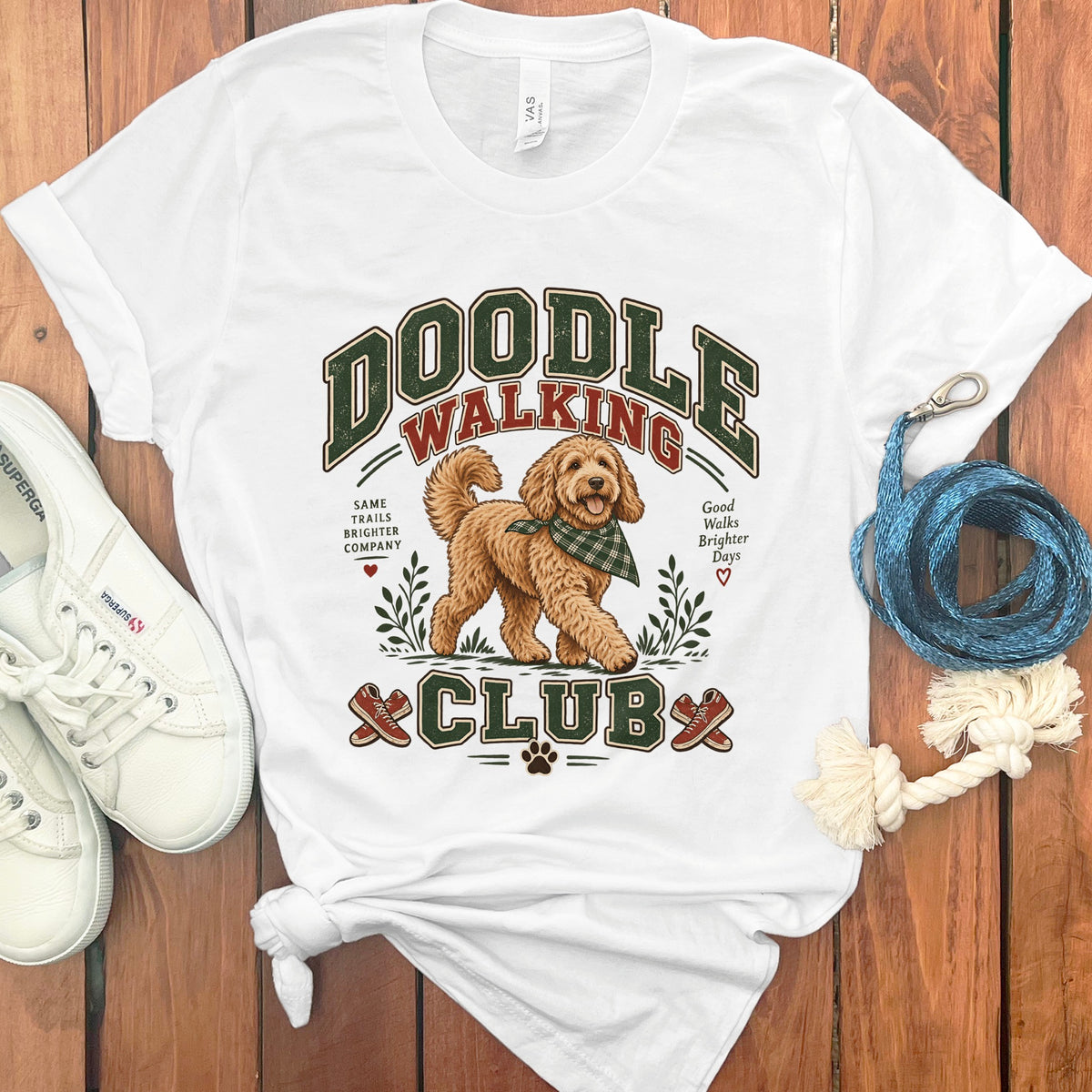 White t-shirt with "Doodle Walking Club" text and a doodle dog graphic.