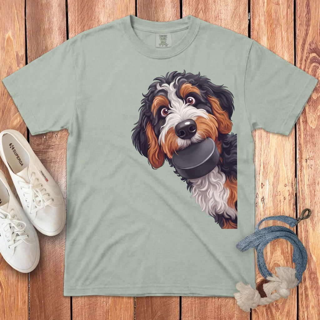 Bernedoodle Hockey Puck Signature T-Shirt in Bay / S by Puppy Jo