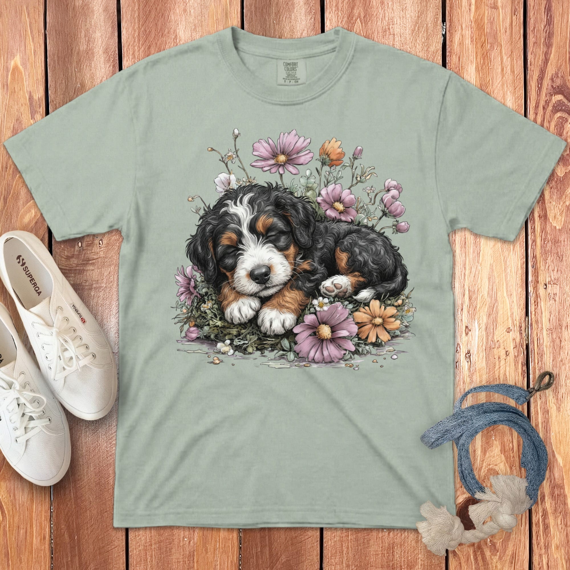 Light green t-shirt with a watercolor painting of a Bernese Mountain Dog puppy sleeping among flowers.