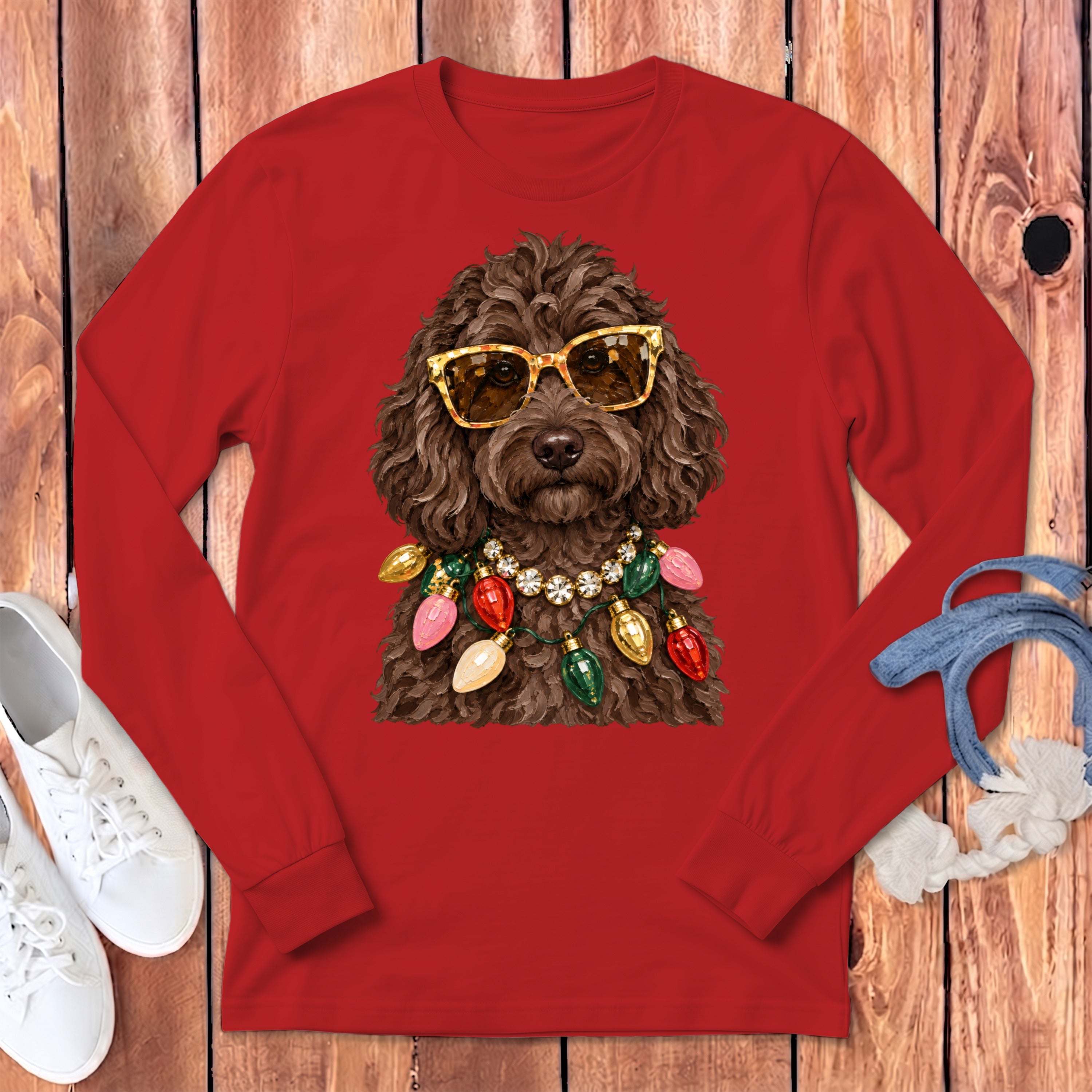 Brown dog wearing sunglasses and a string of Christmas lights.