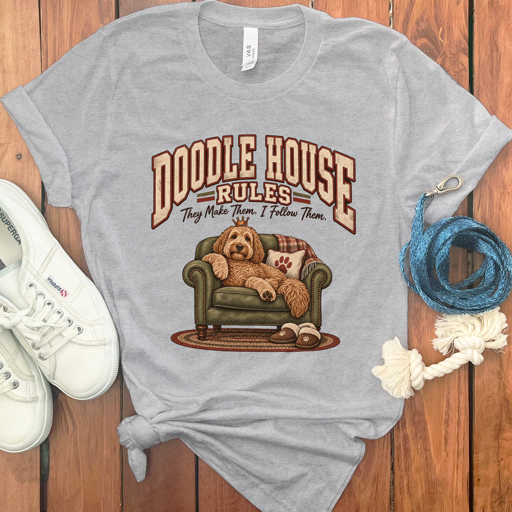 Doodle House Rules graphic t-shirt featuring a dog on a couch.