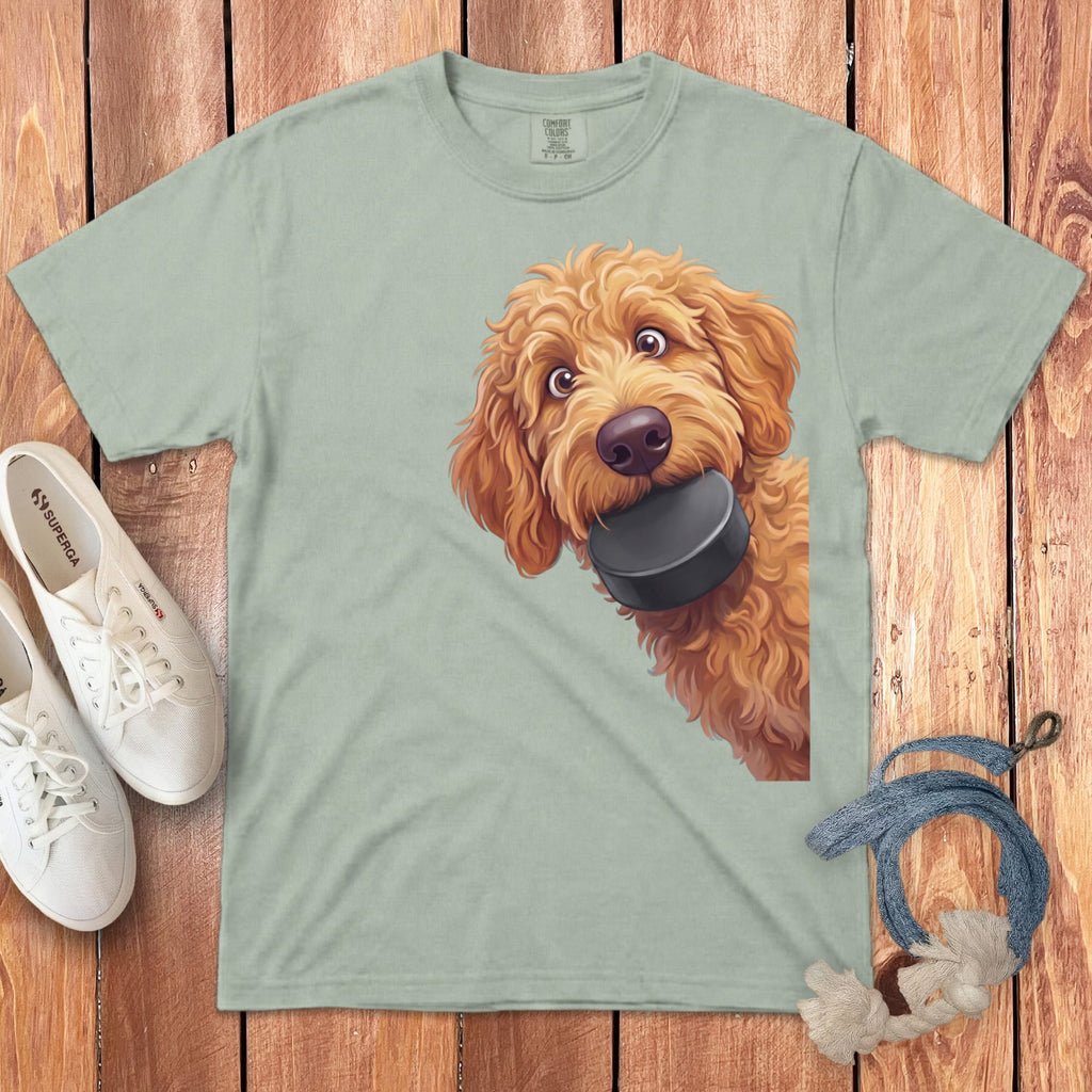 Apricot Goldendoodle Hockey Puck Signature T-Shirt in Bay / S by Puppy Jo