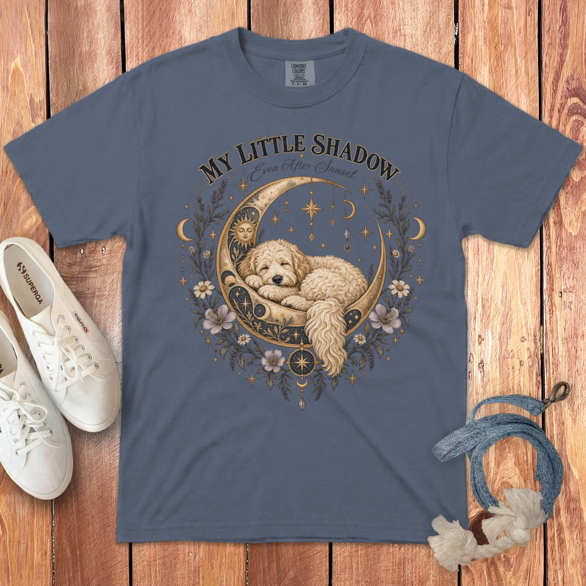 T-shirt with a sleeping dog on a crescent moon with text "MY LITTLE SHADOW"