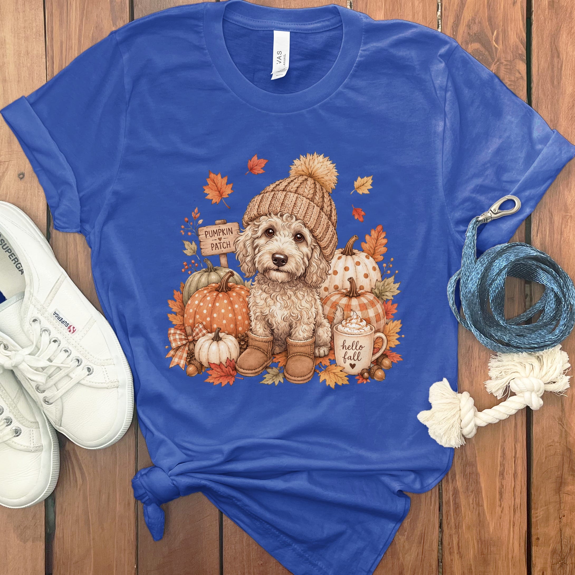Cream Goldendoodle Pumpkin Patch T-Shirt in True Royal / S by Puppy Jo