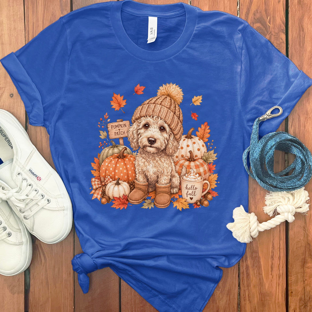 Cream Goldendoodle Pumpkin Patch T-Shirt in True Royal / S by Puppy Jo