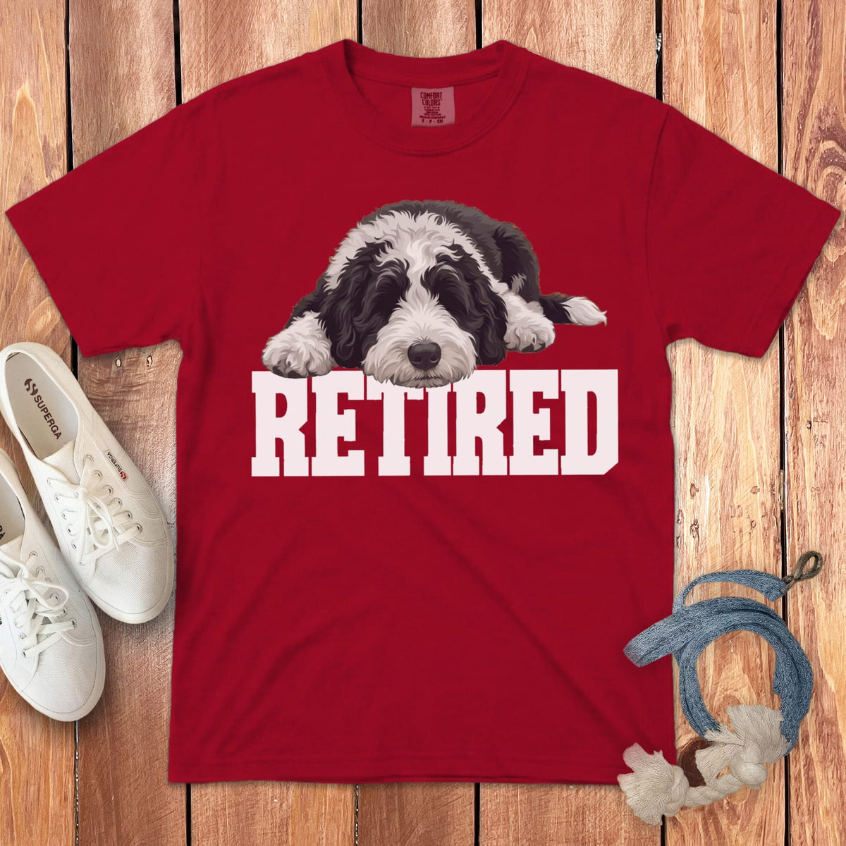 Retired Sleeping Sheepadoodle Signature T-Shirt in Red / S by Puppy Jo