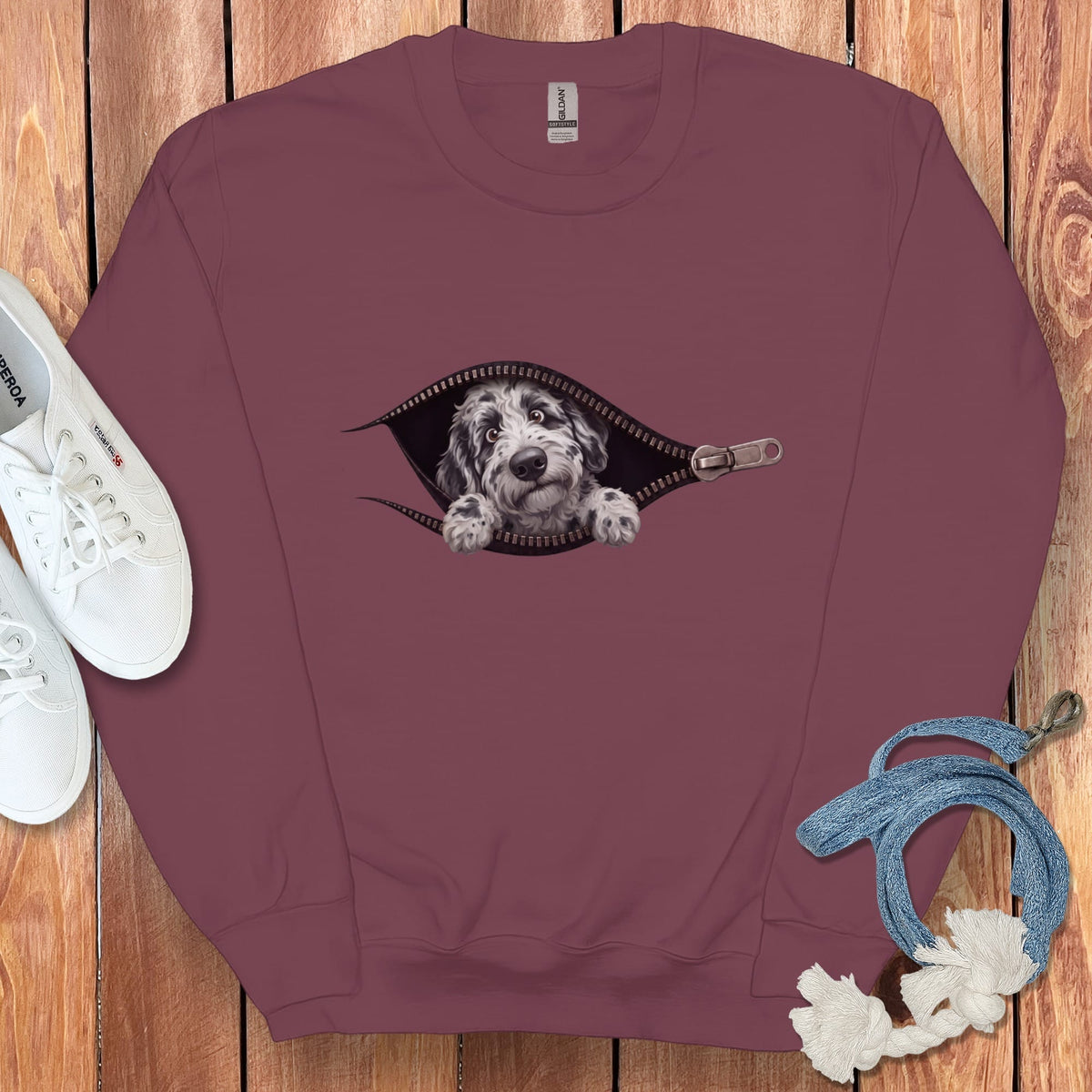 Merle Goldendoodle Peeking Zipper Sweatshirt in Maroon / S by Puppy Jo