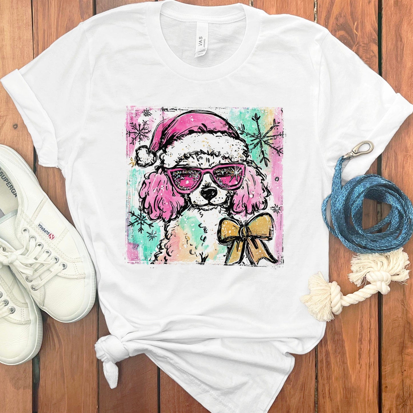 Cute Dog in Santa Hat with Bow and Glasses T-shirt product