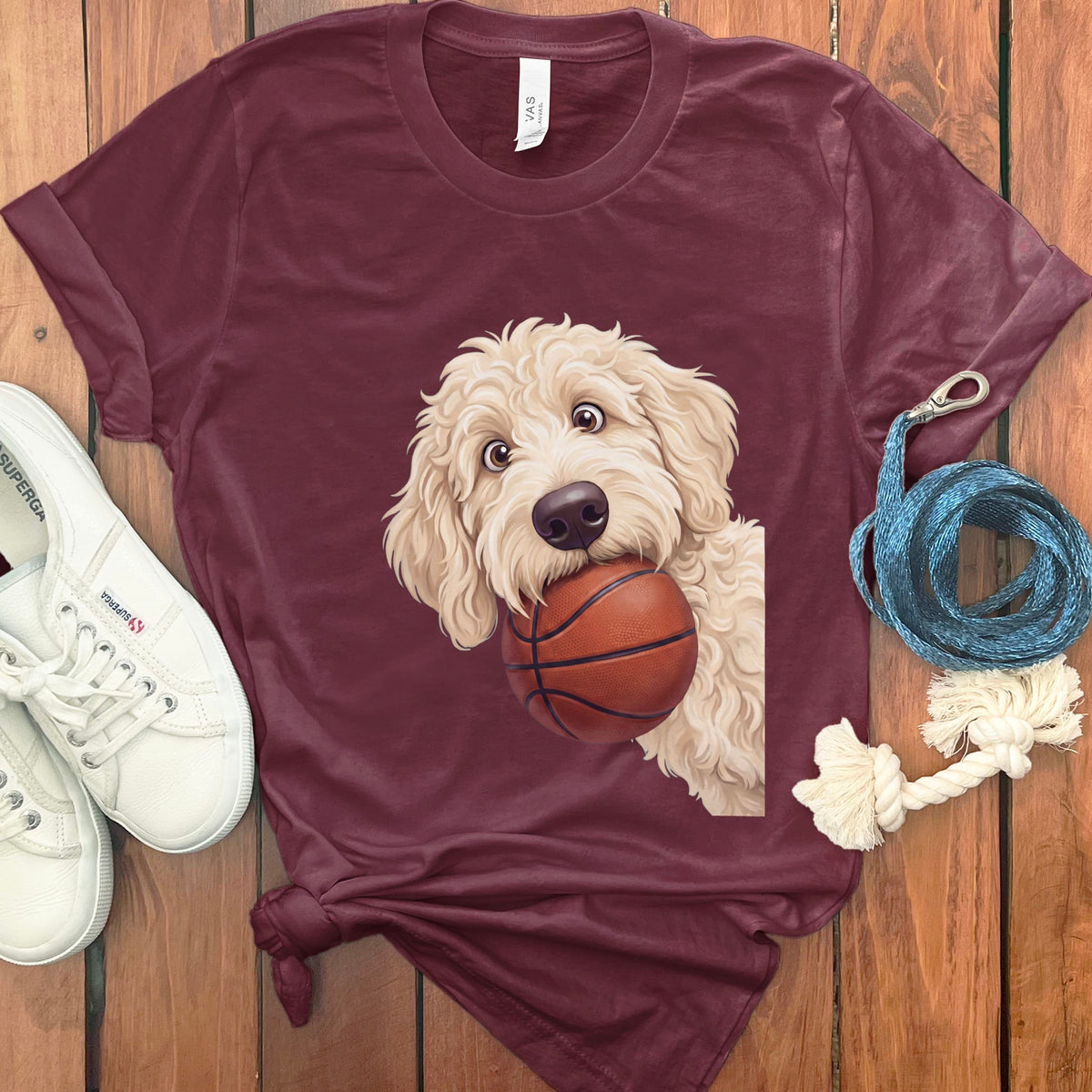 Cream Goldendoodle Basketball T-Shirt in Maroon / S by Puppy Jo