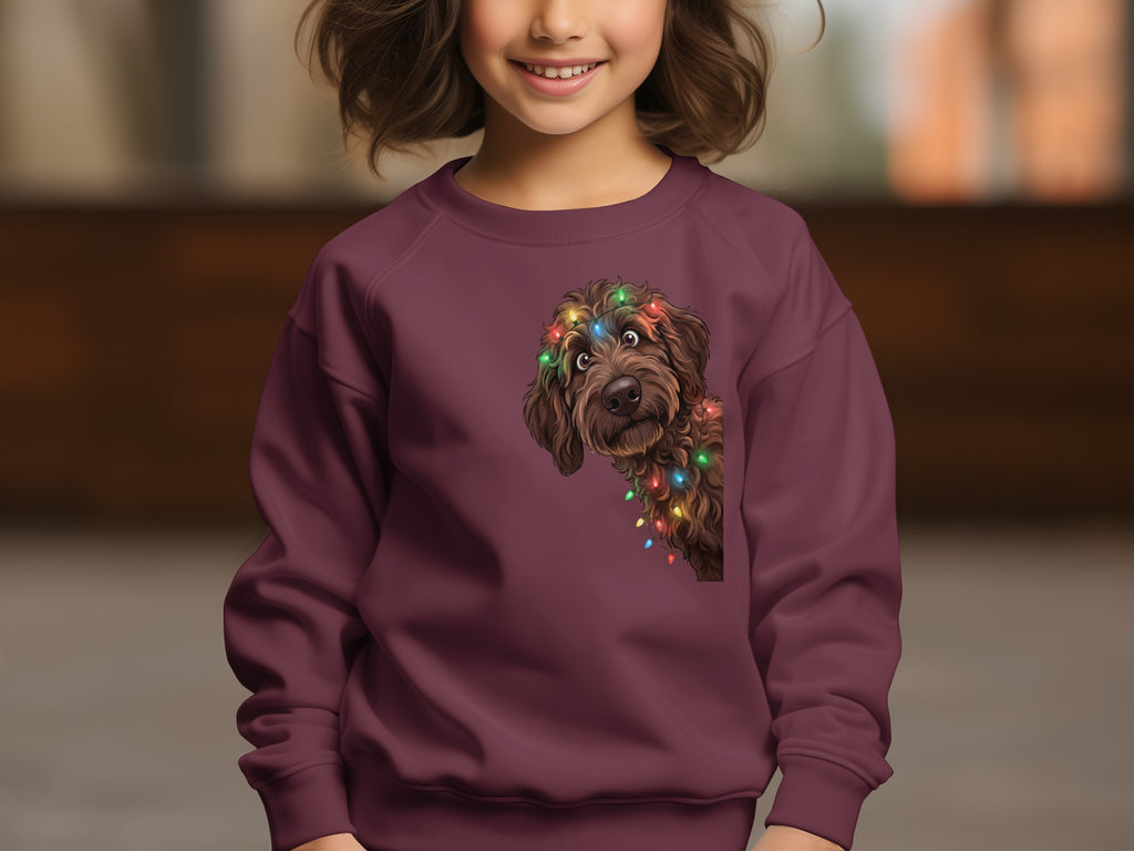 Brown dog with festive lights on a maroon sweatshirt worn by a child.