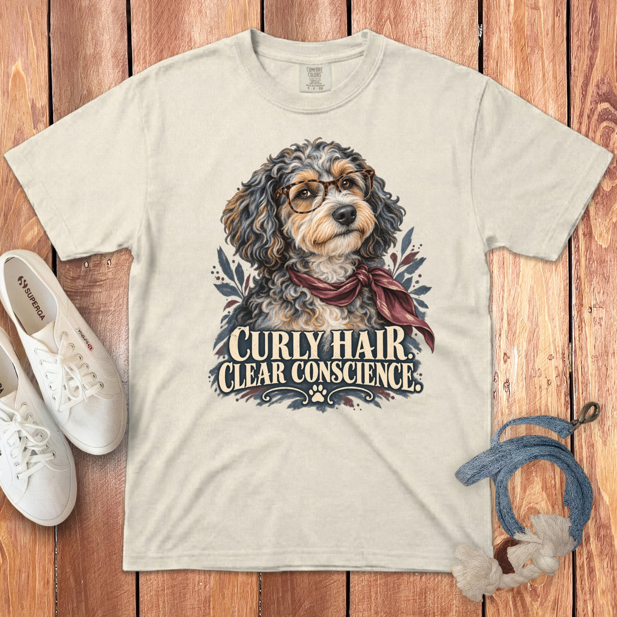 Beige crewneck t-shirt featuring a doodle wearing glasses and a red scarf, with the text "Curly Hair Clear Conscience."