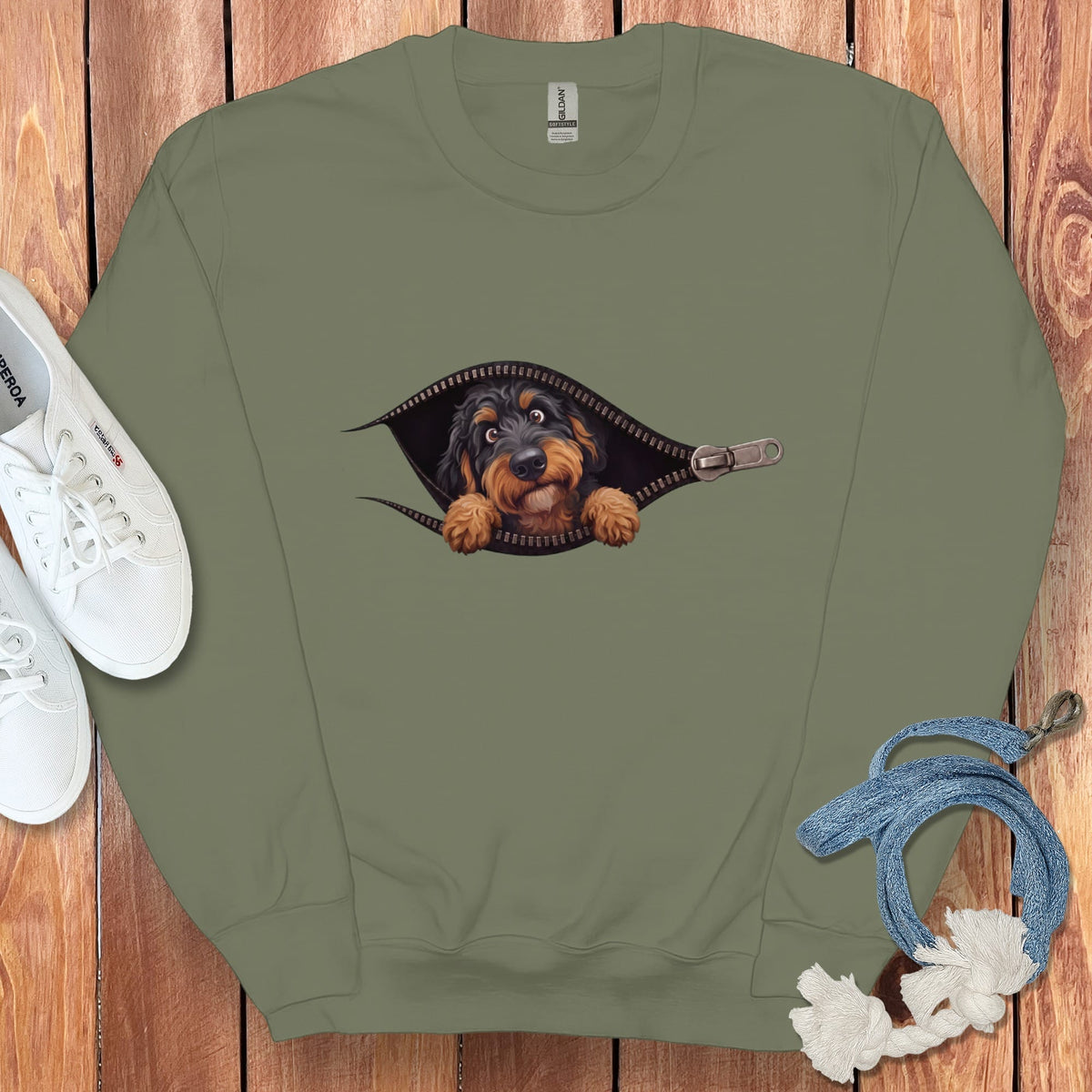 Phantom Goldendoodle Peeking Zipper Sweatshirt in Military Green / S by Puppy Jo