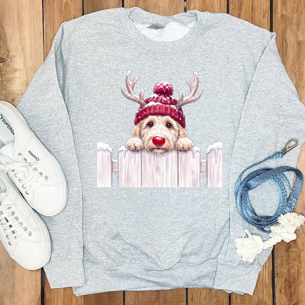 Light grey crewneck sweatshirt with a Christmas dog graphic.