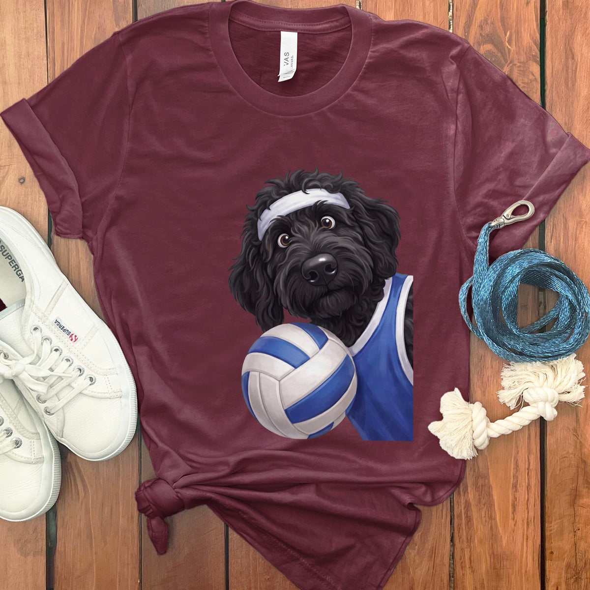 Black Goldendoodle Volleyball Player T-Shirt in Maroon / S by Puppy Jo