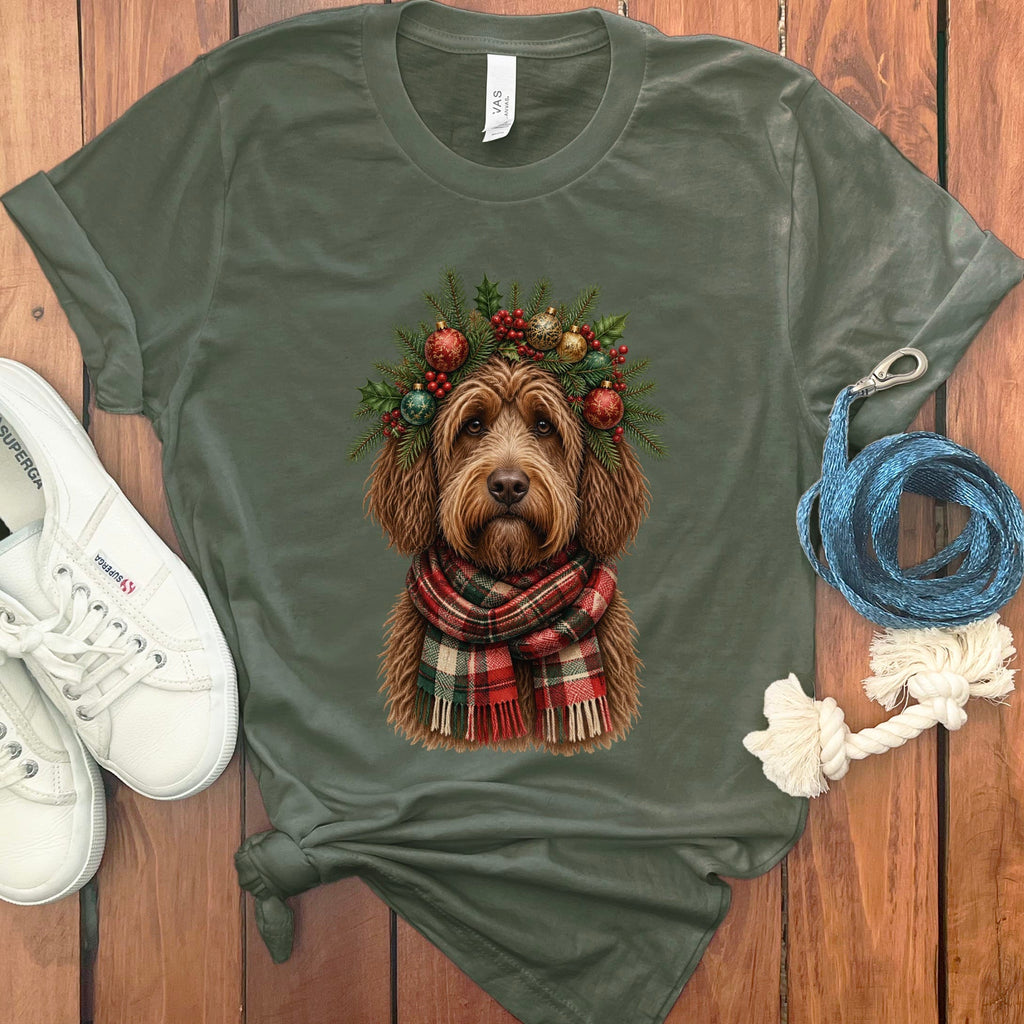 Chocolate Goldendoodle Holiday Crown T-Shirt in Military Green / S by Puppy Jo