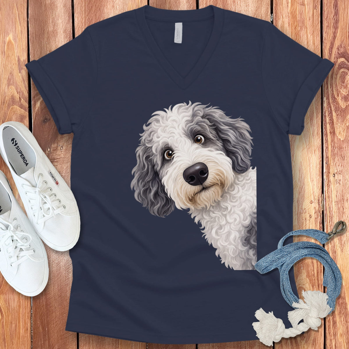 Funny Peeking Sheepadoodle V-Neck T-Shirt in Navy / S by Puppy Jo