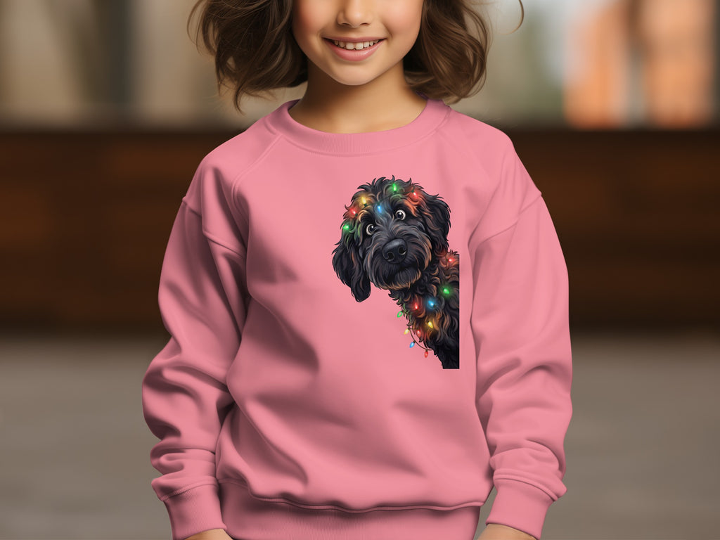 Pink sweatshirt with a black dog wearing colorful Christmas lights.
