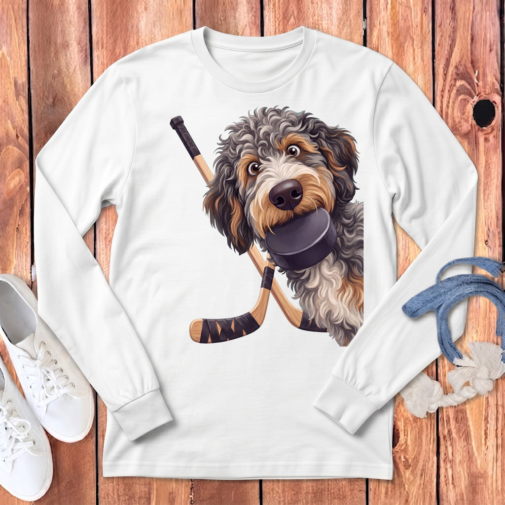 Aussiedoodle Hockey Long Sleeve T-Shirt in White / S by Puppy Jo