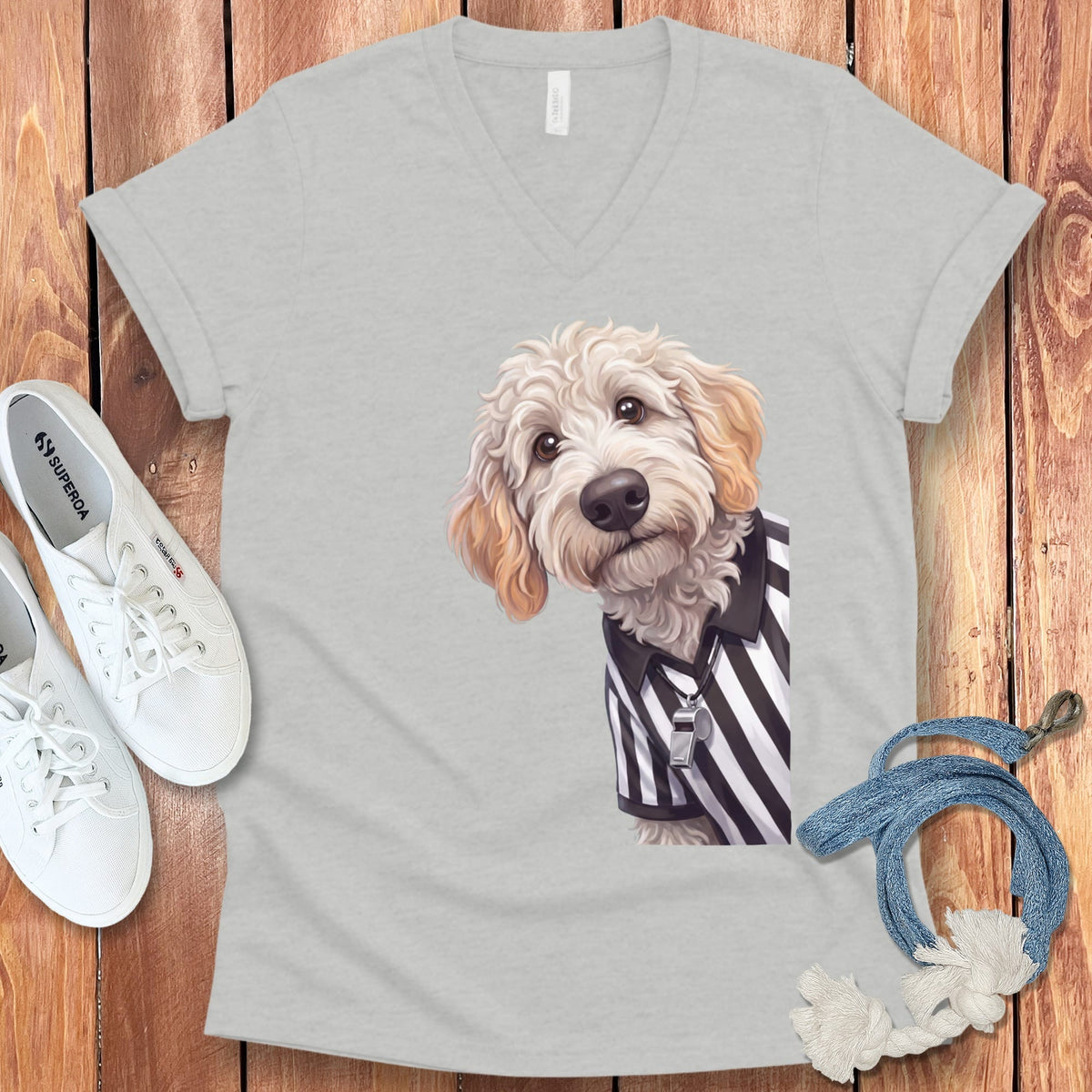 Maltipoo Football Referee V-Neck T-Shirt in Athletic Heather / S by Puppy Jo