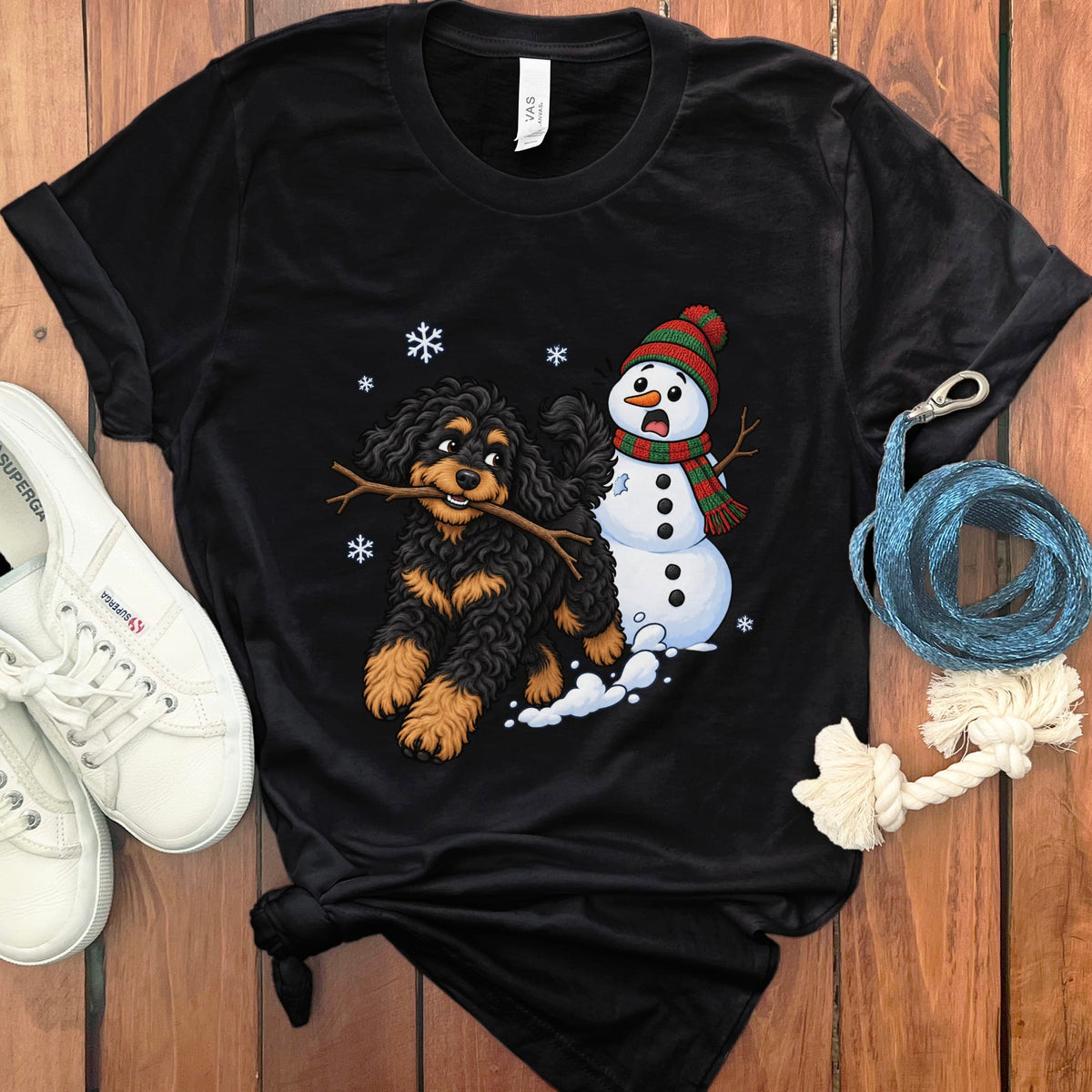 Phantom Goldendoodle Snowman T-Shirt in Black / S by Puppy Jo