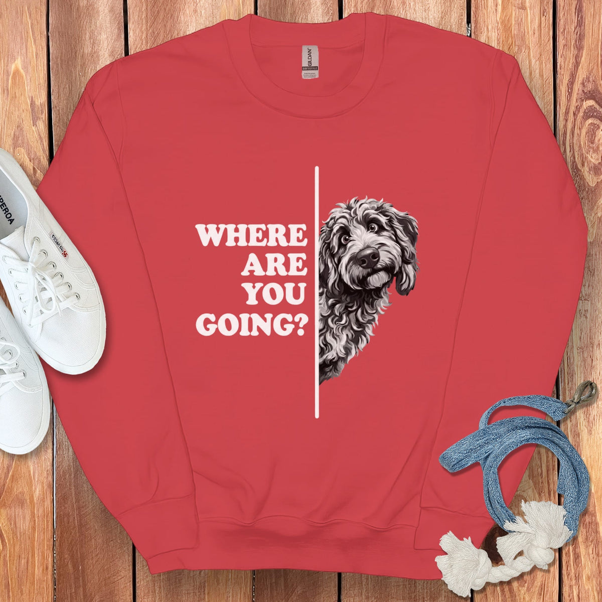 Where Going Merle Goldendoodle Sweatshirt in Red / S by Puppy Jo