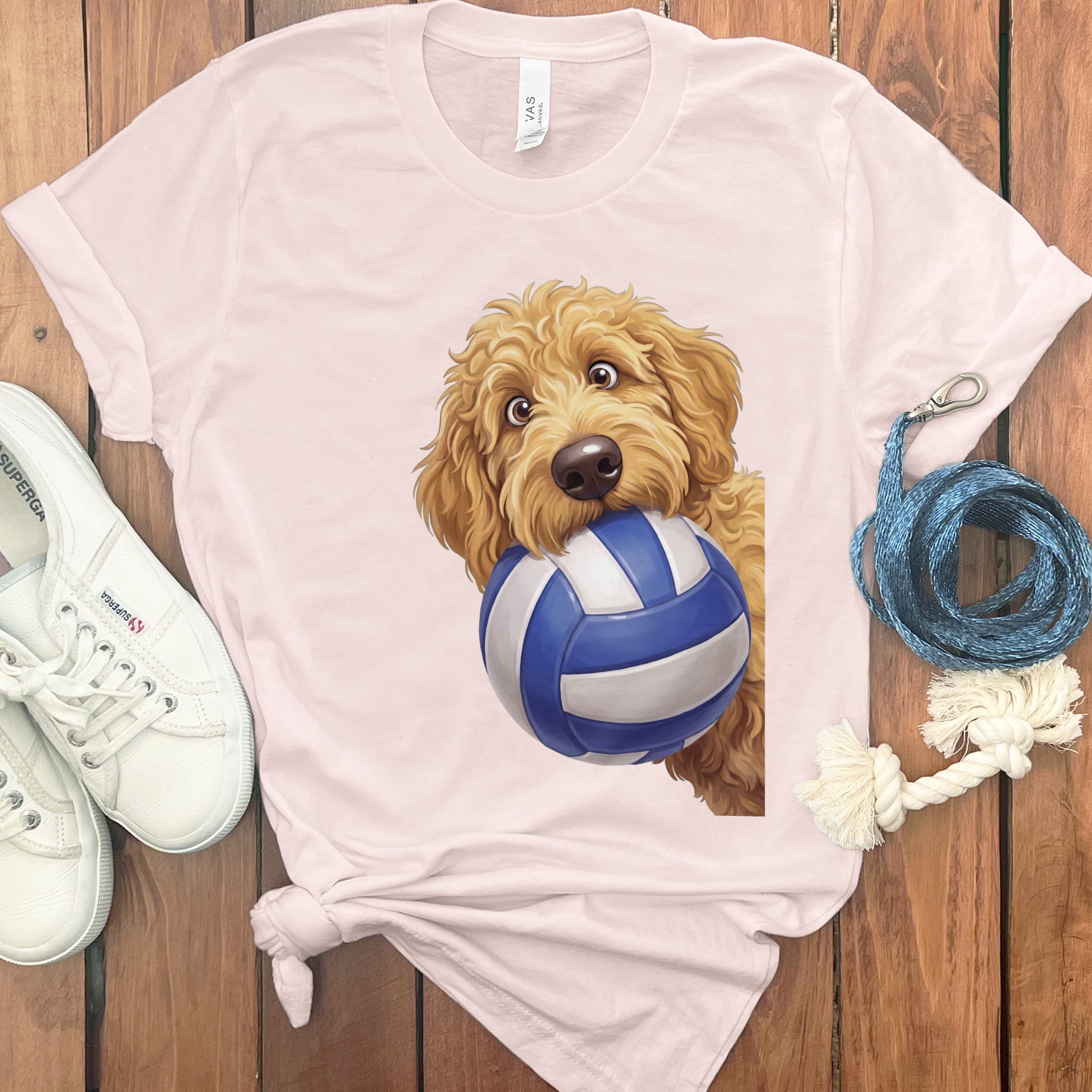 Golden Goldendoodle Volleyball T-Shirt in Soft Pink / S by Puppy Jo