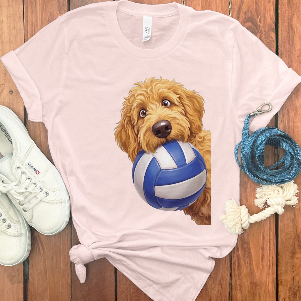 Golden Goldendoodle Volleyball T-Shirt in Soft Pink / S by Puppy Jo