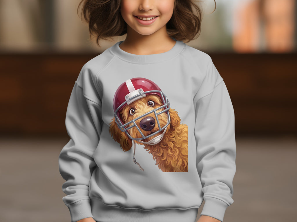 Light gray sweatshirt featuring a cartoon dog wearing a football helmet.