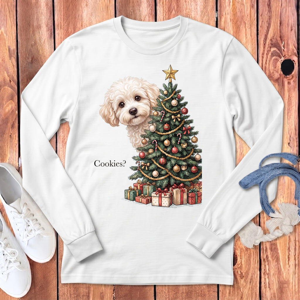 White long-sleeve shirt with a Christmas tree, presents, and a dog saying "Cookies?".
