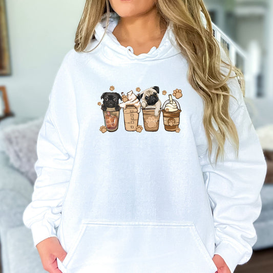 Pugs and Coffee Hoodie Sweatshirt - PuppyJo Hoodie White / S