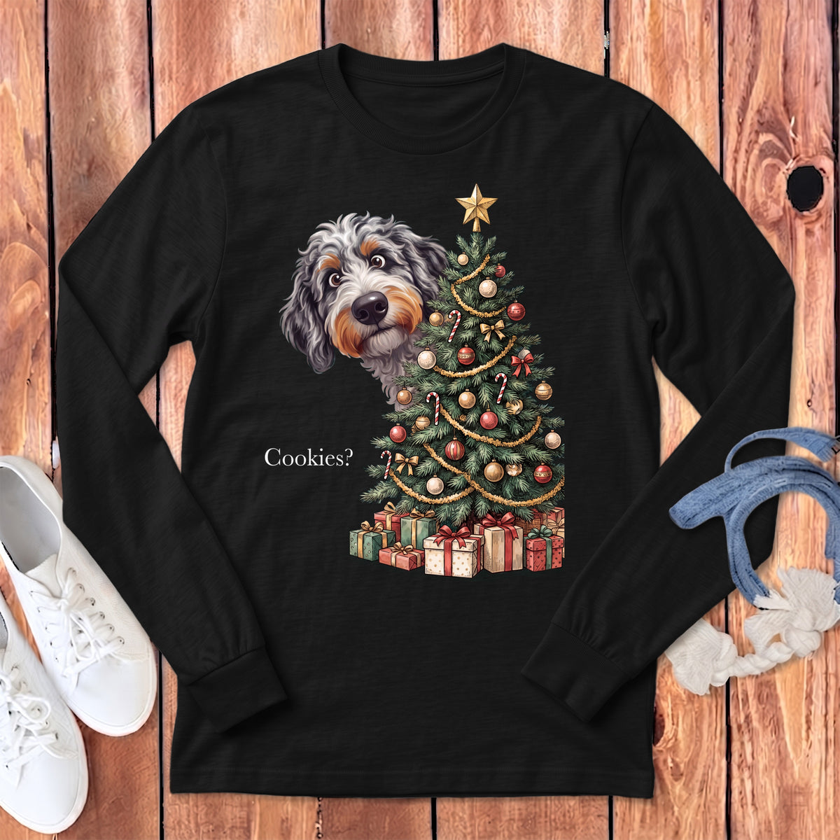 Black long sleeve shirt with a dog and Christmas tree graphic saying "Cookies?".