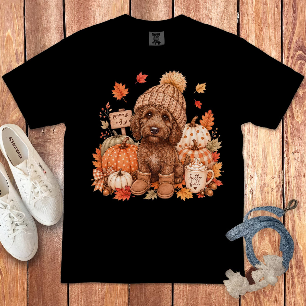 Chocolate Goldendoodle Pumpkin Patch Signature T-Shirt in Black / S by Puppy Jo