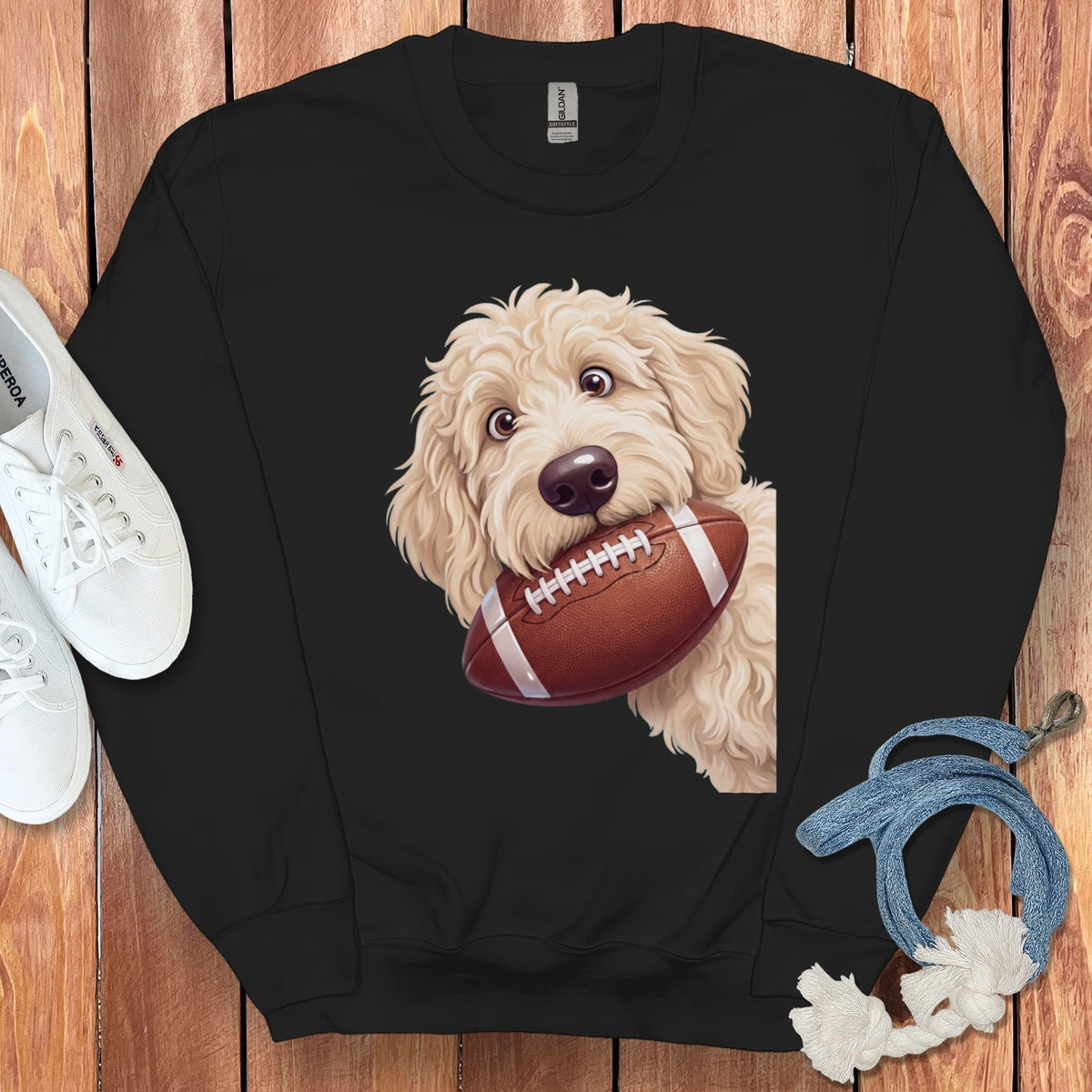Cream Goldendoodle Football Sweatshirt in Black / S by Puppy Jo