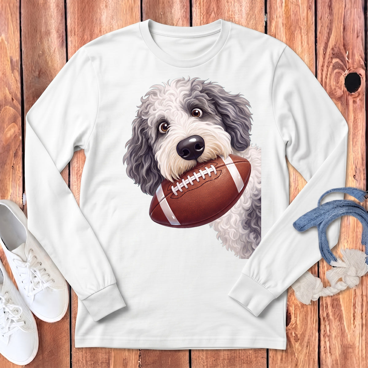 White long-sleeved shirt with a fluffy dog biting a football graphic.