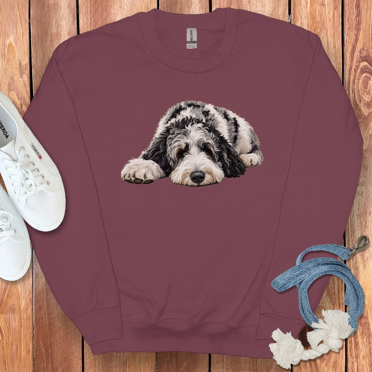 Merle Goldendoodle Snoozing Sweatshirt in Maroon / S by Puppy Jo