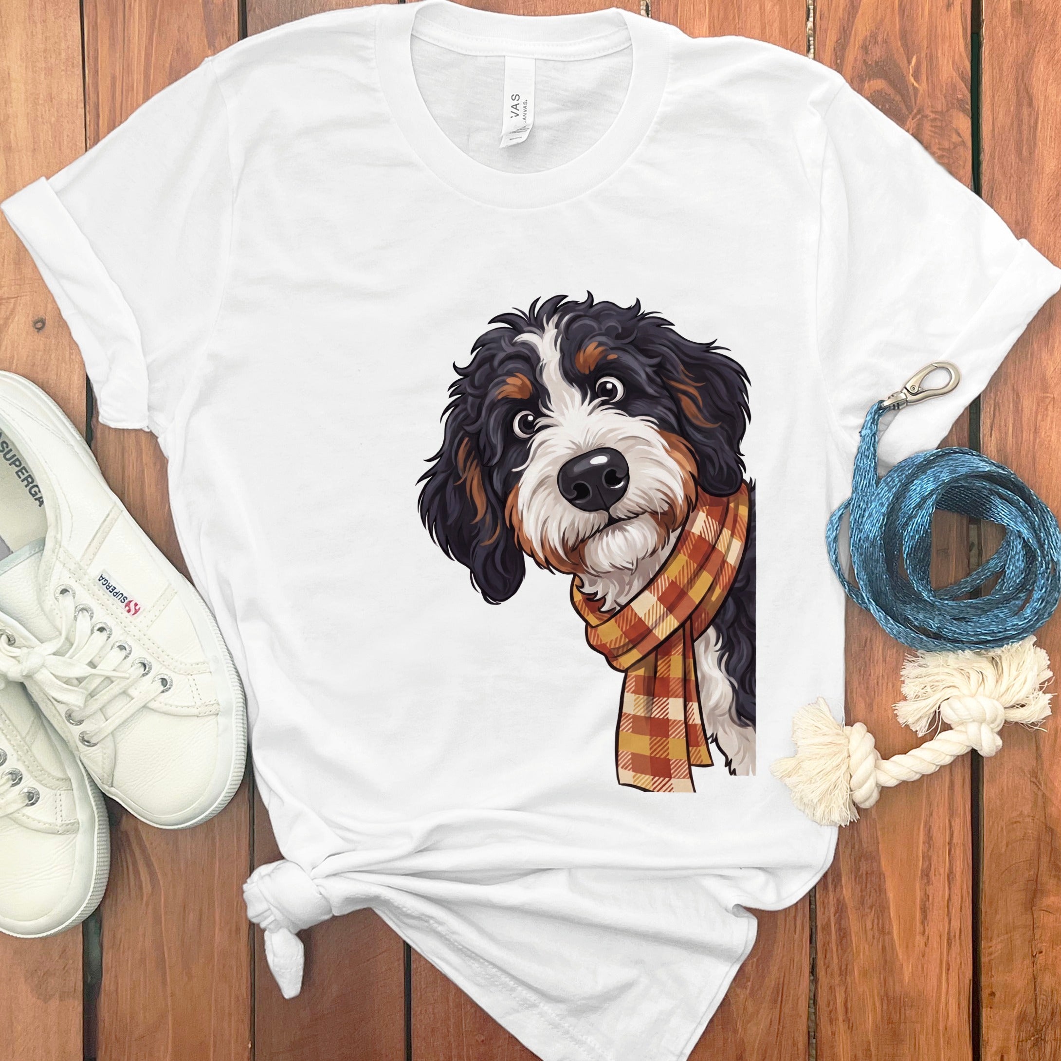 White t-shirt featuring a digital illustration of a Bernese Mountain Dog wearing a plaid scarf.