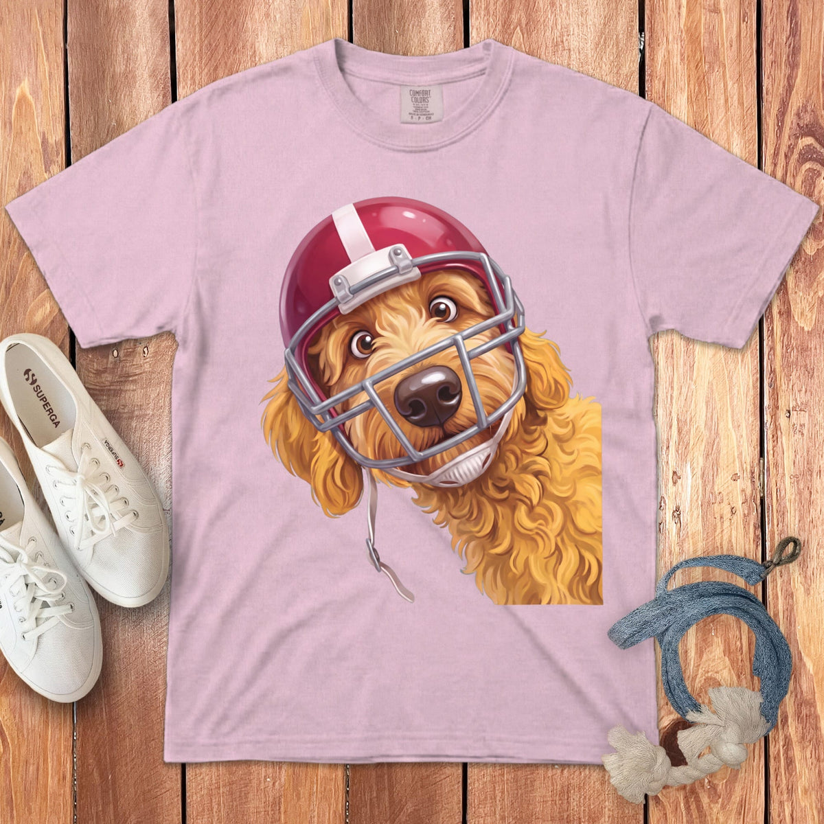 Golden Goldendoodle Football Helmet Signature T-Shirt in Blossom / S by Puppy Jo
