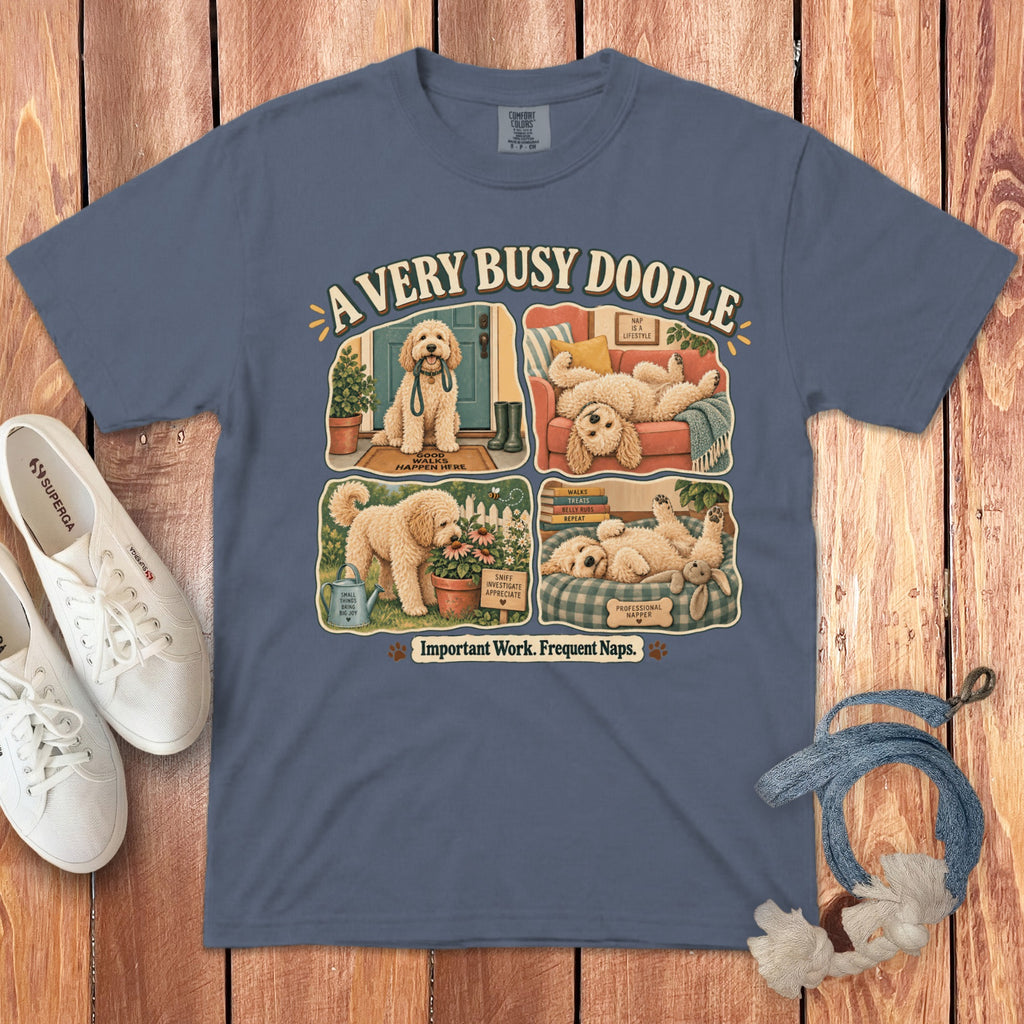 A Very Busy Doodle graphic with four panels depicting dog activities and text.