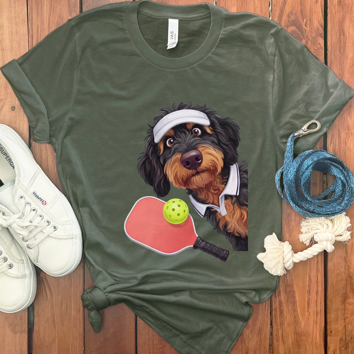 Phantom Goldendoodle Pickleball Player T-Shirt in Military Green / S by Puppy Jo