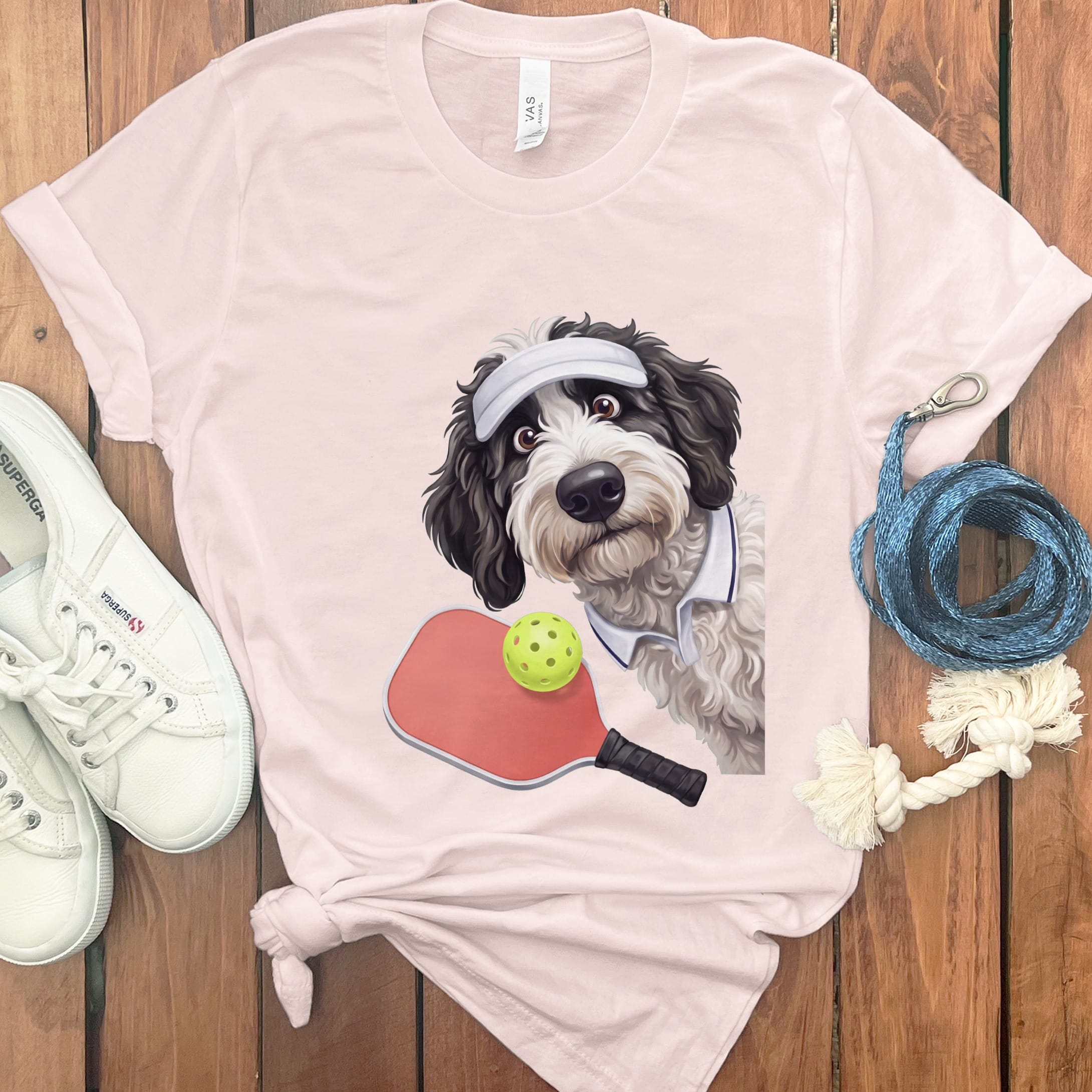 Sheepadoodle Pickleball Player T-Shirt in Soft Pink / S by Puppy Jo