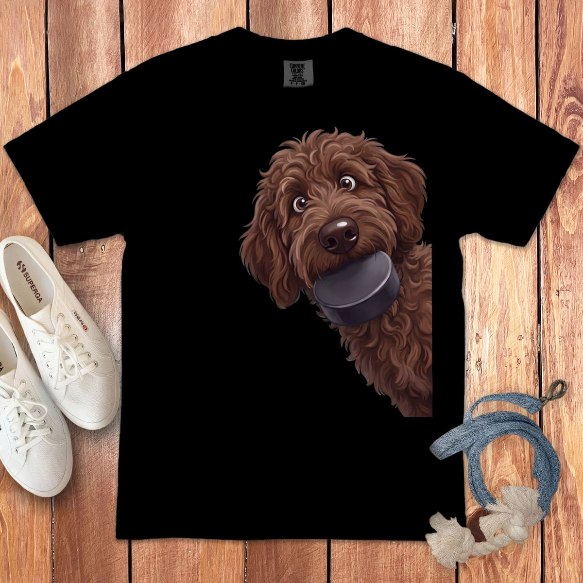 Chocolate Goldendoodle Hockey Puck Signature T-Shirt in Black / S by Puppy Jo