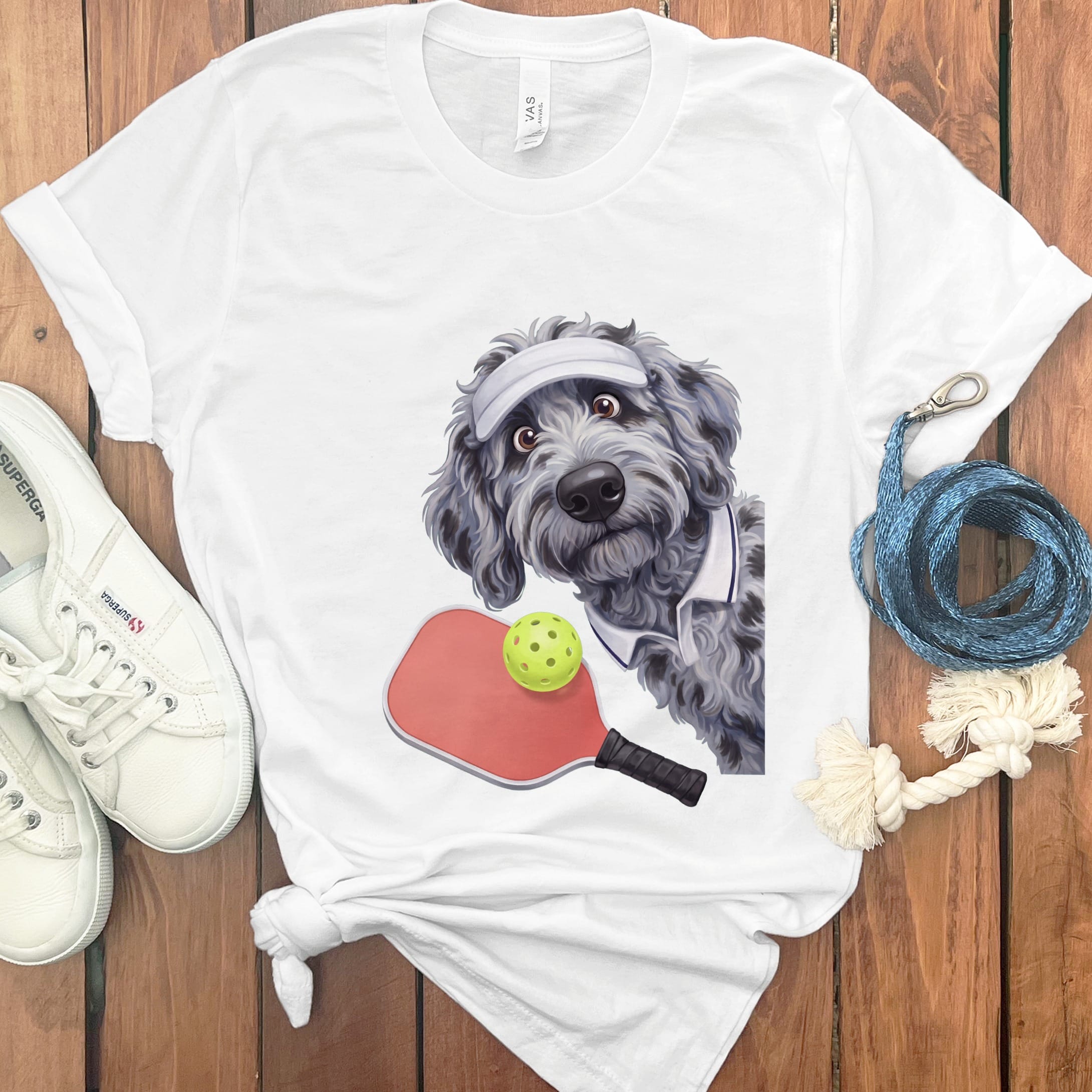 Merle Goldendoodle Pickleball Player T-Shirt in White / S by Puppy Jo