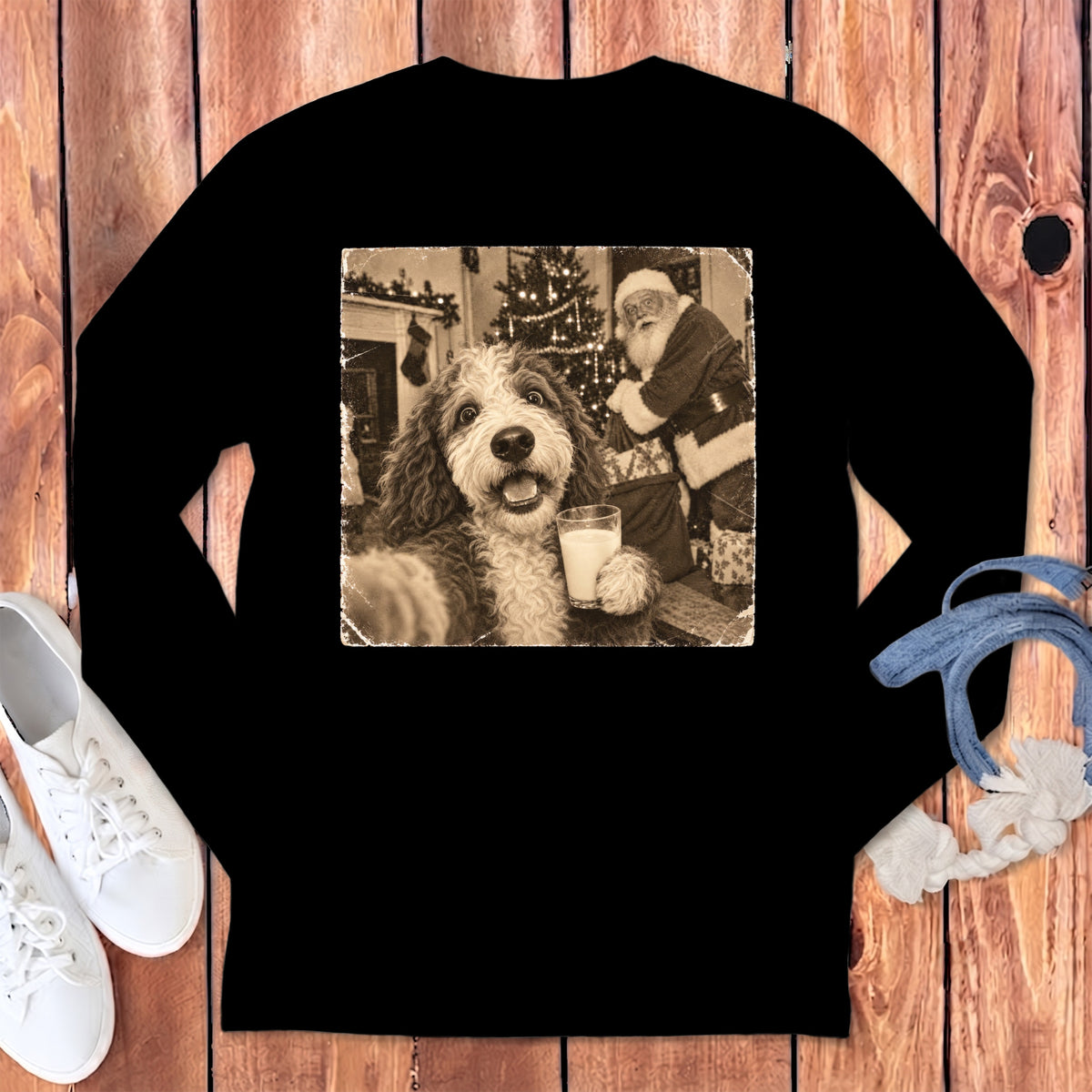 A black long-sleeve t-shirt with a sepia-toned graphic of a dog holding a glass of milk while Santa Claus sneaks behind it in a living room.