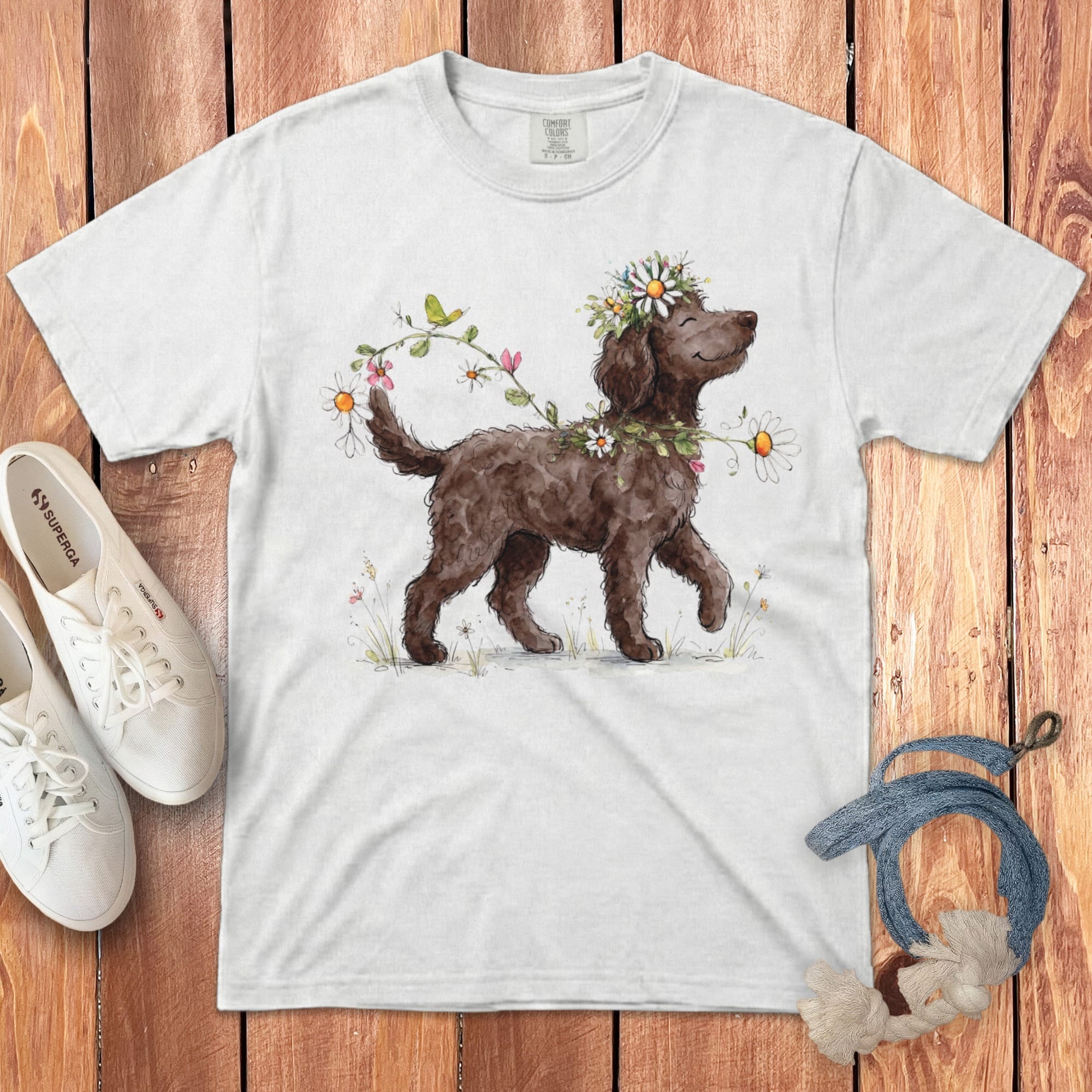 Brown dog with flower crown walking on a white t-shirt.