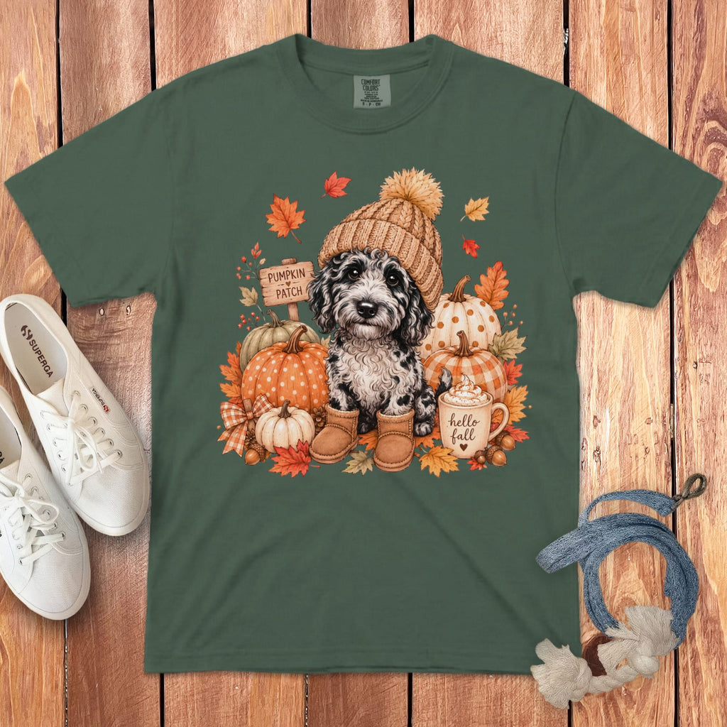 Merle Goldendoodle Pumpkin Patch Signature T-Shirt in Blue Spruce / S by Puppy Jo