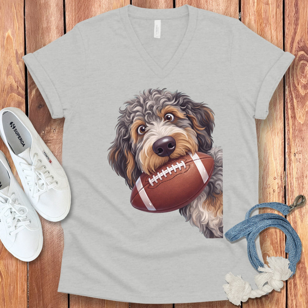 Aussiedoodle Football V-Neck T-Shirt in Athletic Heather / S by Puppy Jo