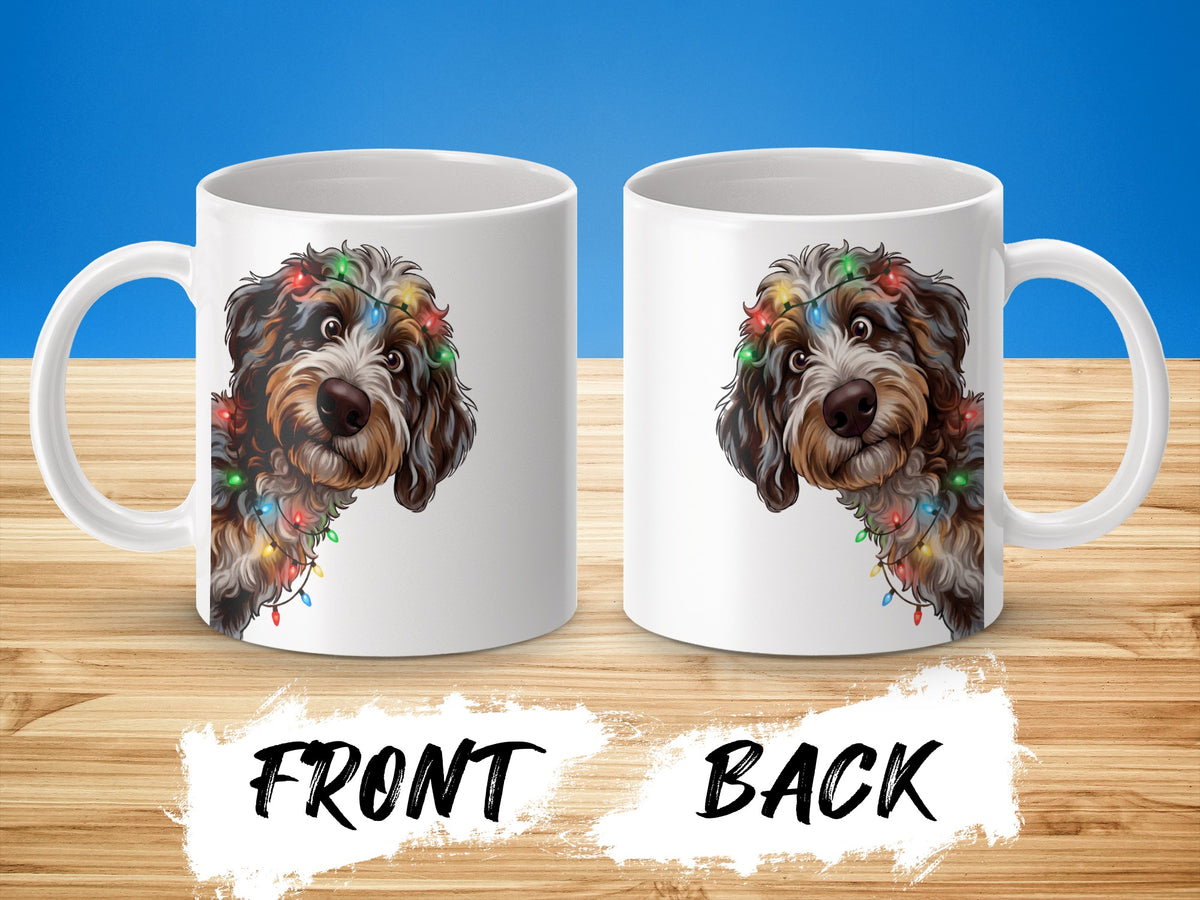White mugs display a dog wearing colorful Christmas lights.