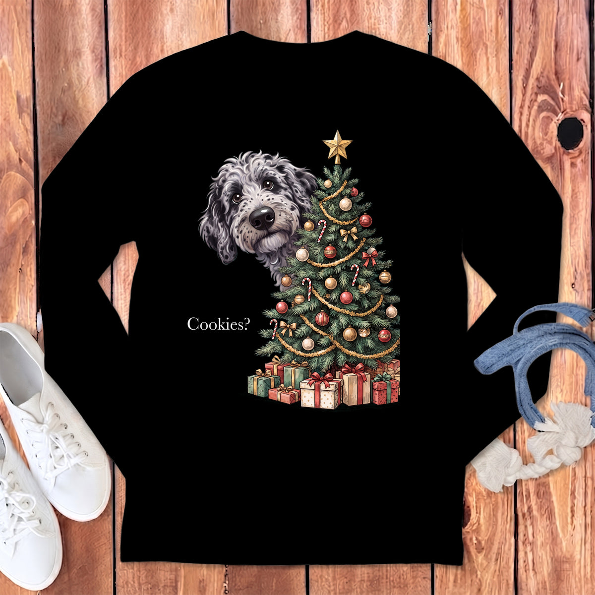 Black long-sleeve shirt with a dog and Christmas tree graphic asking "Cookies?".